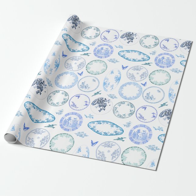 French Antique Plates | BLUE Wrapping Paper (Unrolled)