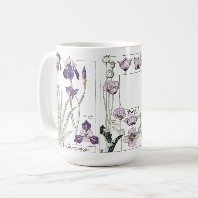 French Art Nouveau Botanical Iris Poppy Flower Mug (Front Left)