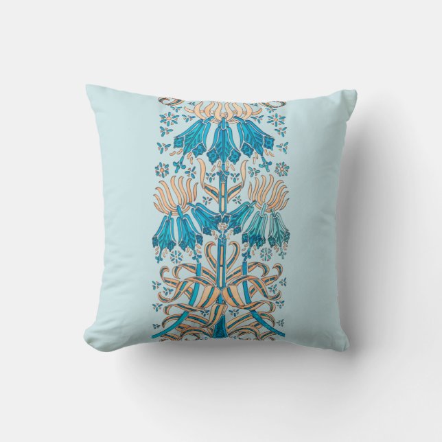 French Art Nouveau Floral Botanical Blue Cream Cushion (Front)