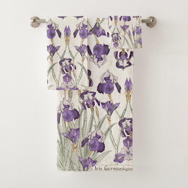 French Art Nouveau Iris Flowers Bath Towel Set (Insitu)