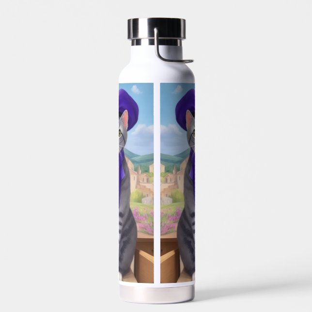 French Artist Kitty Visits Lavender Farm Water Bottle (Left)