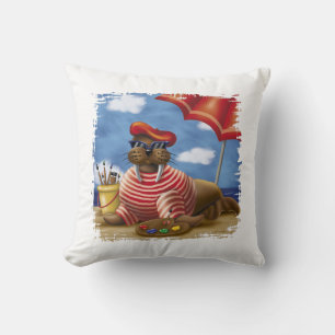 French Artist Walrus – Fun Beach Painting Scene Cushion