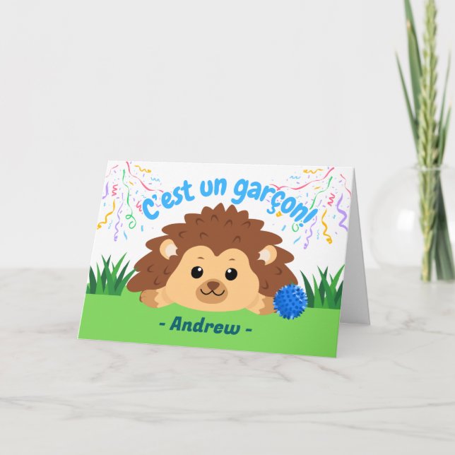 French Baby Boy Congratulations with Hedgehog Card (Front)