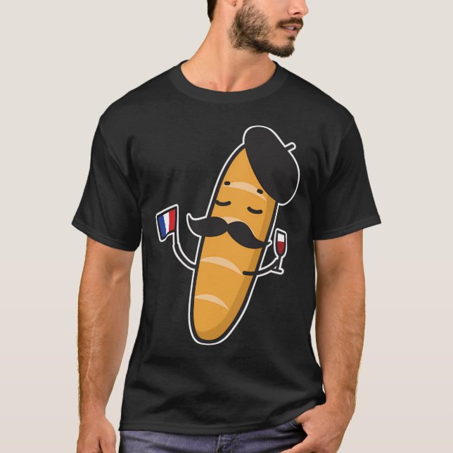 French Baguette Holding A French Flag And Wine Gla T-Shirt (Front)