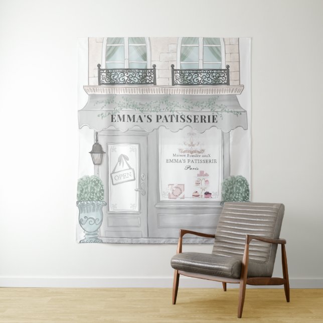 French Bakery Cafe Patisserie Grey Backdrop Tapestry (In Situ)