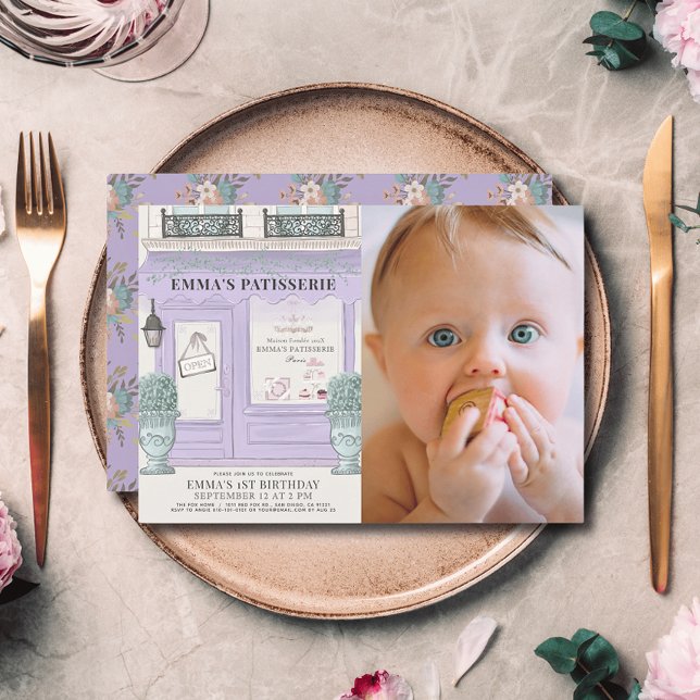 French Bakery Paris Lavender 1st Birthday Photo Invitation (Creator Uploaded)