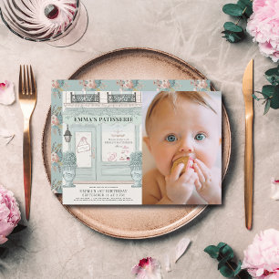 French Bakery Patisserie Green 1st Birthday Photo Invitation
