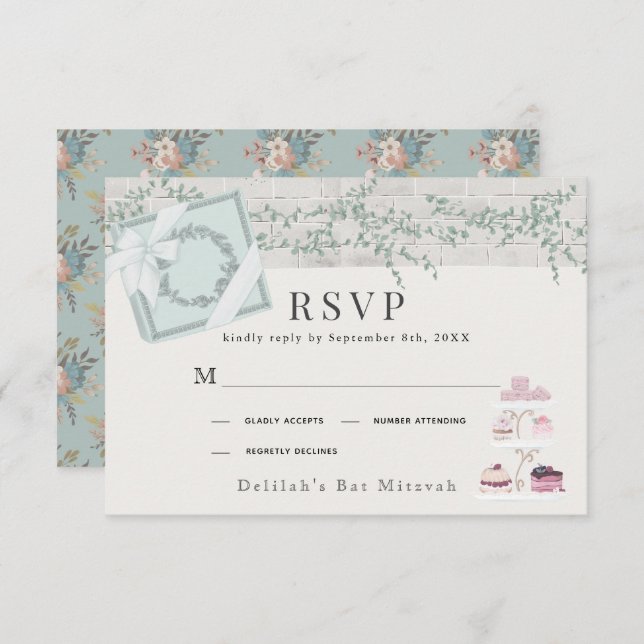 French Bakery Patisserie Paris Green Bat Mitzvah RSVP Card (Front/Back)