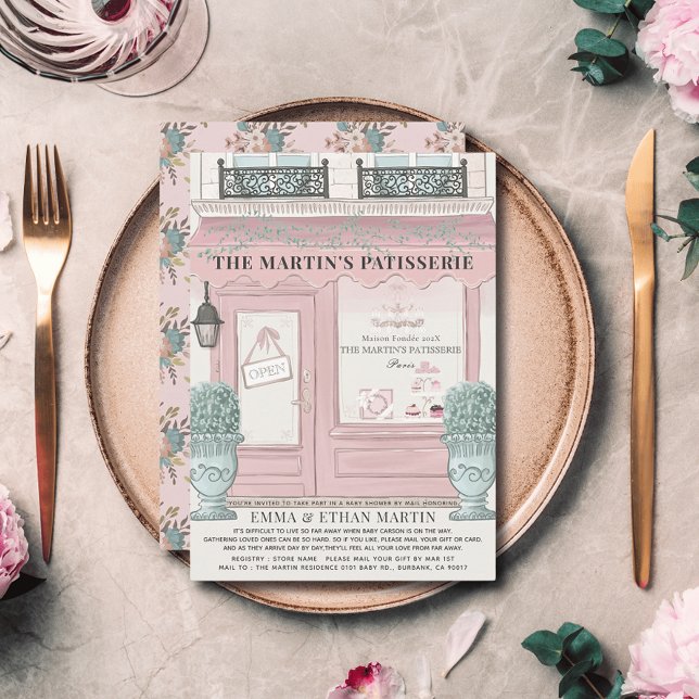 French Bakery Patisserie Pink Baby Shower by Mail Invitation (Creator Uploaded)