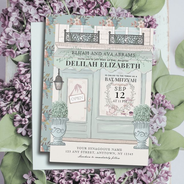 French Bakery Patisserie QR Green Bat Mitzvah Invitation (Creator Uploaded)