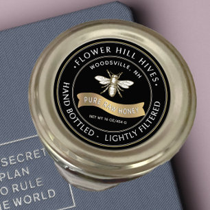 French Bee with Gold Banner Honey Label Black
