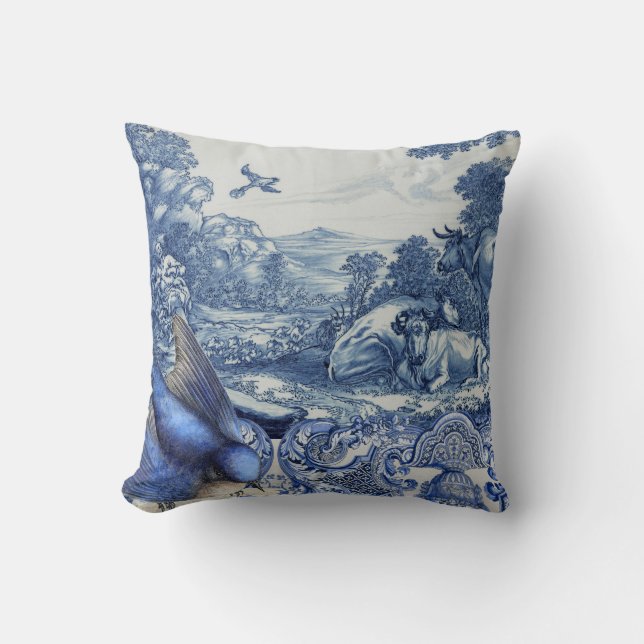 French Bird Cow Trees Blue and White Toile Collage Cushion (Front)