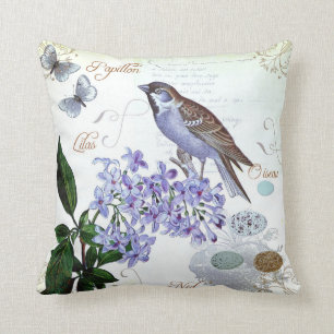 French Bird Floral Collage Vintage Look Cushion