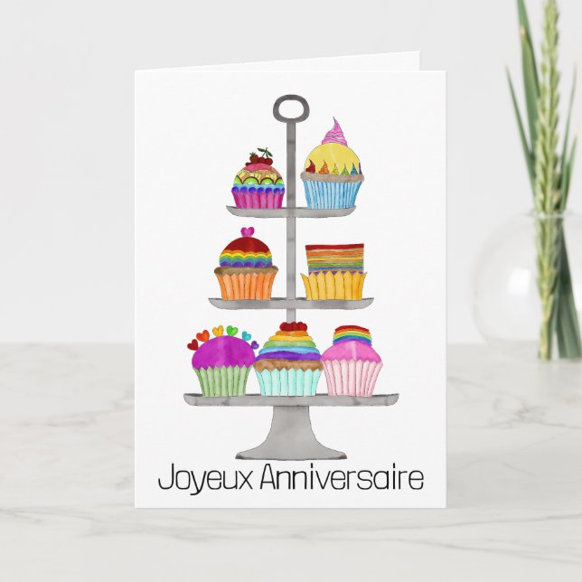 French Birthday Rainbow colours cupcakes  Card (Front)