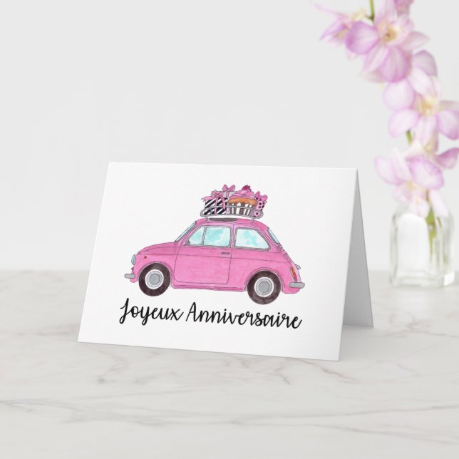 French Birthday Retro Fiat 500 Card (Orchid)