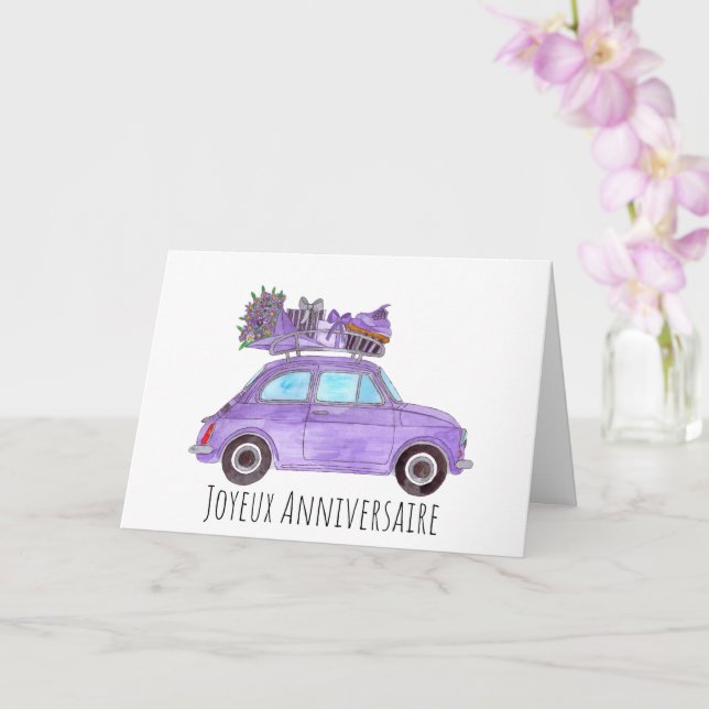 French Birthday Retro Fiat 500 Card (Orchid)