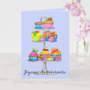 French Birthday Watercolor cupcakes Card