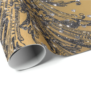 French Black Lace Royal Floral Hearts Damask Gold Wrapping Paper