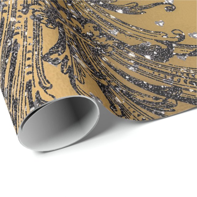 French Black Lace Royal Floral Hearts Damask Gold Wrapping Paper (Roll Corner)