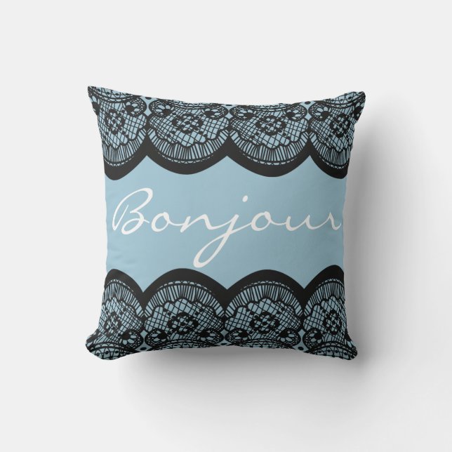 French Black Scalloped Faux Lace Bonjour Cushion (Front)