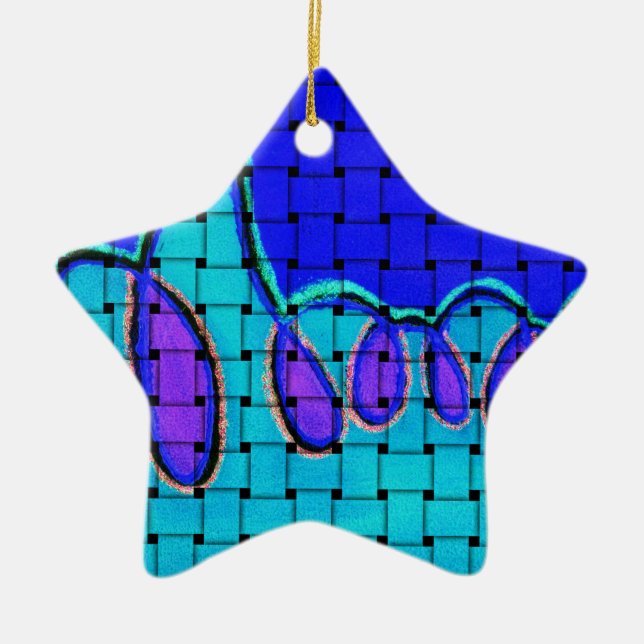 French Blue Abstract with Woven Texture Ceramic Tree Decoration (Front)