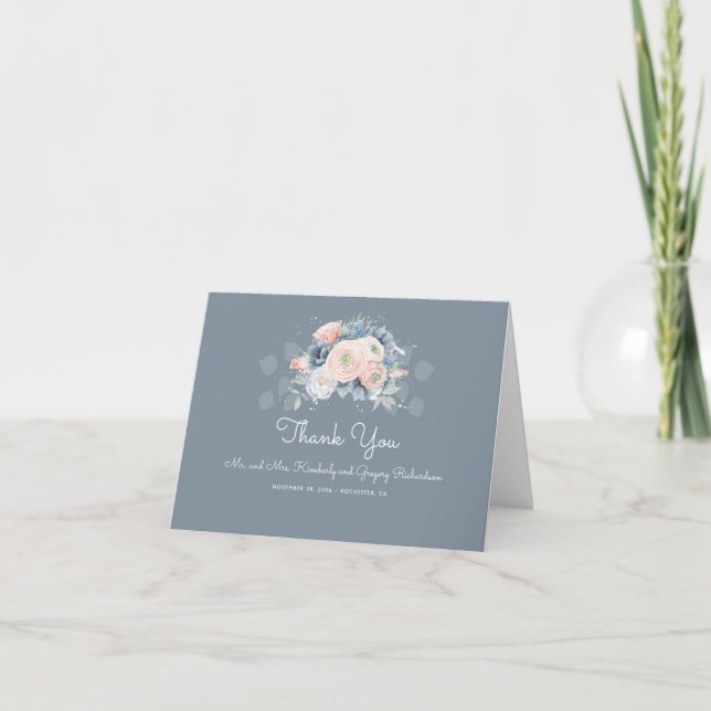 French Blue and Dusty Rose Elegan Floral Thank You Card (Front)