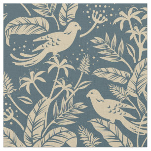 French Blue And Taupe Birds In Forest Fabric