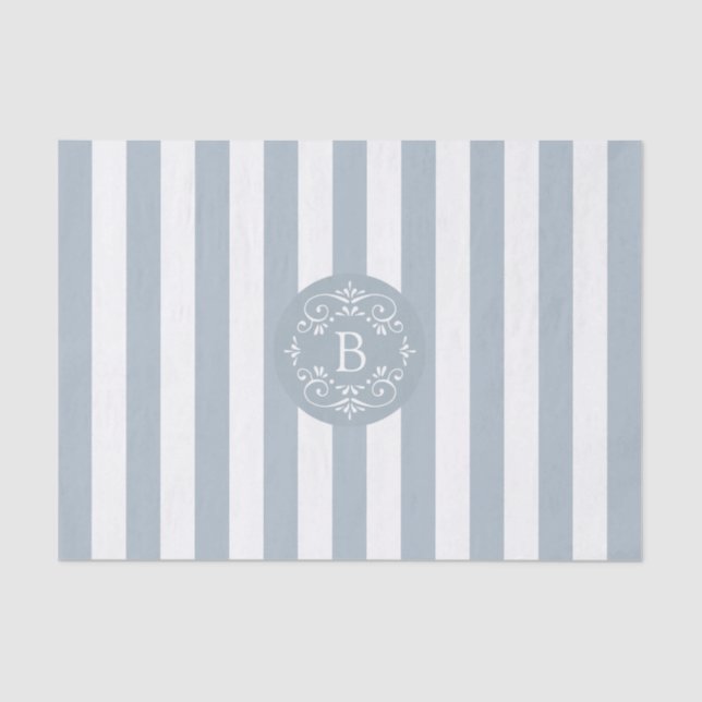 French Blue and White Awning Stripes with Monogram Tissue Paper (Front)
