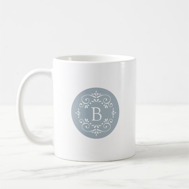 French Blue and White Decorative Monogram Coffee Mug (Left)