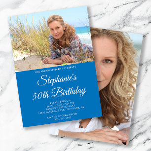 French Blue and White Elegant Script 50th Birthday Invitation