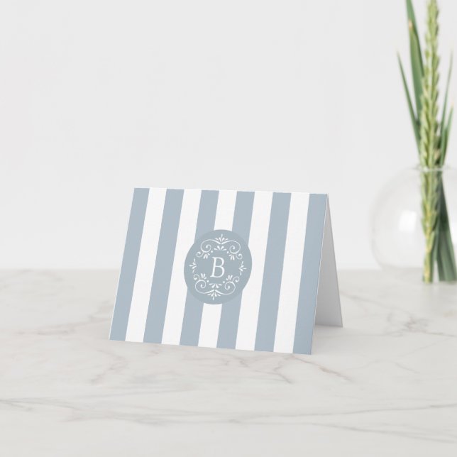 French Blue Awning Stripes with Monogram Note Card (Front)