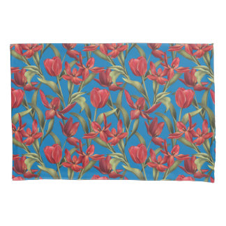 French Blue background with Red Tulips Pillowcase