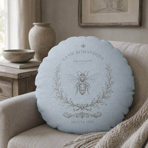 French Blue Bee Engraving   French Country Rustic  Round Cushion