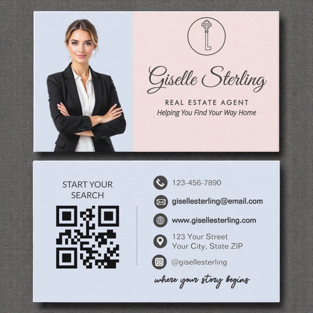 French Blue Blush Photo Real Estate Agent QR Code Business Card (Creator Uploaded)