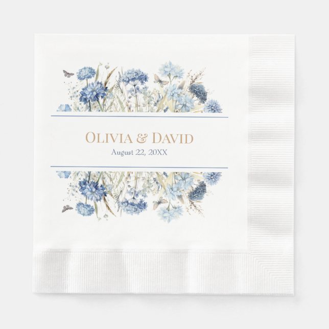 French Blue Boho Garden Flowers  Wedding Napkins (Front)