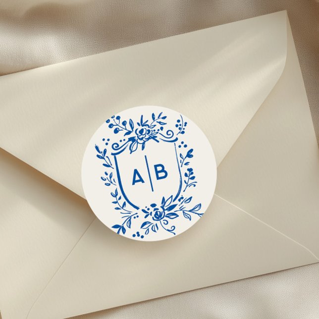 French Blue Botanical Crest Wedding Monogram Classic Round Sticker (Creator Uploaded)