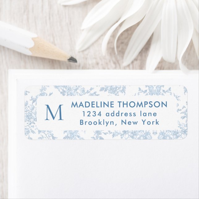 French Blue Botanical Toile Monogram Address Return Address Label (Insitu)