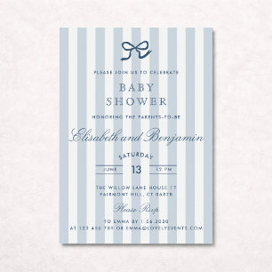 French Blue Bow & Stripes Baby Shower Invitation