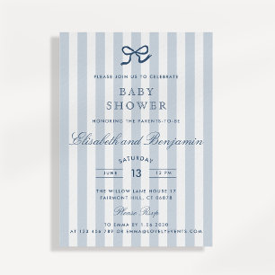 French Blue Bow & Stripes Baby Shower Invitation