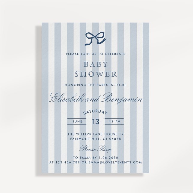 French Blue Bow & Stripes Baby Shower Invitation (Creator Uploaded)