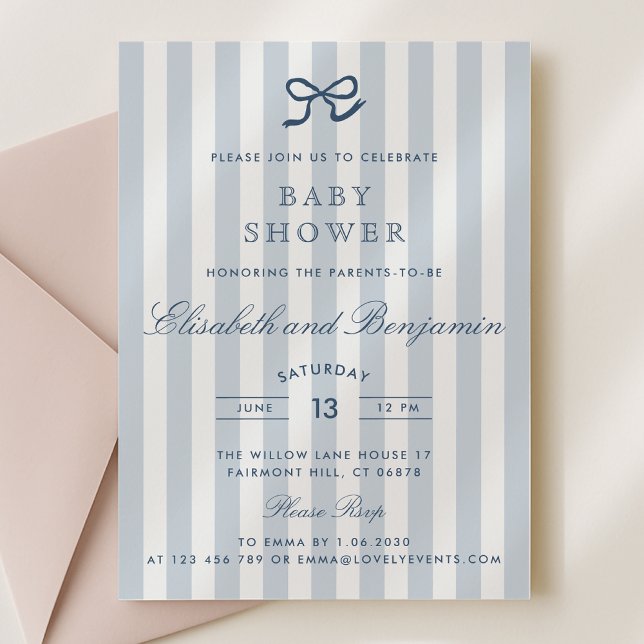 French Blue Bow & Stripes Baby Shower Invitation (Creator Uploaded)