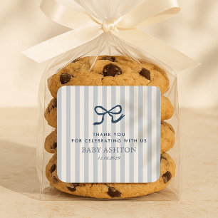 French Blue Bow & Stripes Baby Shower  Square Sticker