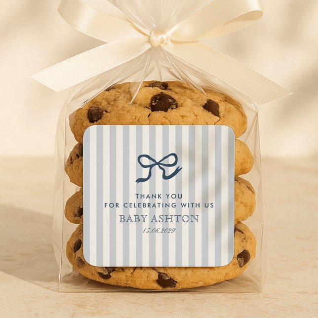 French Blue Bow & Stripes Baby Shower  Square Sticker (Creator Uploaded)