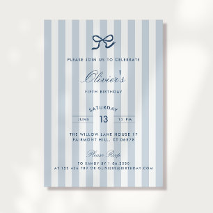 French Blue Bow & Stripes Boy Birthday Invitation