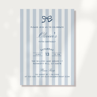 French Blue Bow & Stripes Boy Birthday Invitation