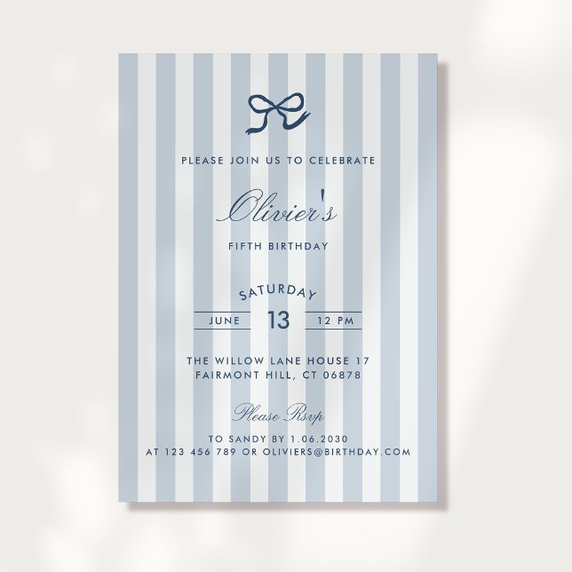 French Blue Bow & Stripes Boy Birthday Invitation (Creator Uploaded)