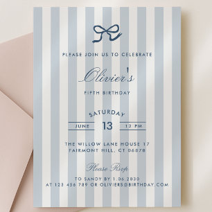 French Blue Bow & Stripes Boy Birthday Invitation