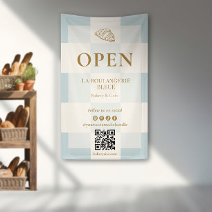 French Blue Chequered Croissant QR Bakery Display Banner