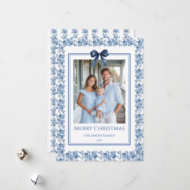French Blue Chinoiserie Grandmillennial Photo Holiday Card (Front/Back In Situ)