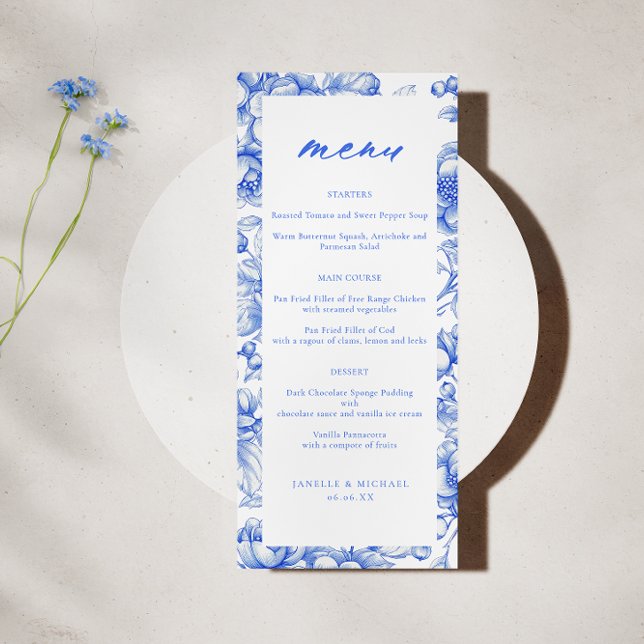 French Blue Chinoiserie Script Wedding Menu (Creator Uploaded)